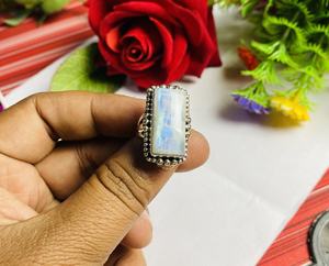 แหวนเงินสเตอร์ลิง925แบบคลาสสิกสำหรับผู้หญิงและผู้ชายแหวนพลอยมูนสโตนตัดรูปไฟสีน้ำเงินธรรมชาติครบรอบแต่งงาน - Product Image 2