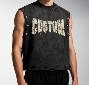 Camiseta sin Mangas Personalizada para Hombre, Estilo Punk, Cuello Redondo, Logotipo Bordado, Diseño Frontal con Pedrería Premium - Product Image 4