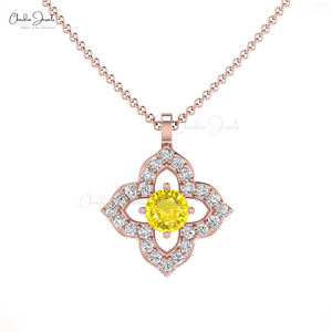 Pendentif floral délicat en or massif 14 carats avec saphir jaune taillé de 3 mm et diamant, collier personnalisé, vente en gros, provenant d'un fournisseur vérifié - Product Image 2