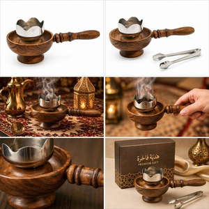 Handcrafted Portable Wooden <b>Bakhoor</b> Burner With Handle Metal Cup Pedestal Base Middle East <b>Oud</b> Incense Holder For Home Decor - Product Image 6