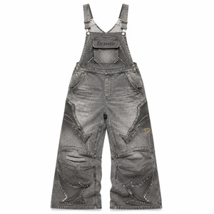 Mono vaquero de pierna ancha con lavado ácido, gris plateado, con pedrería brillante, unisex, estilo holgado, ropa urbana Hypebeast, proveedor mayorista - Product Image 2