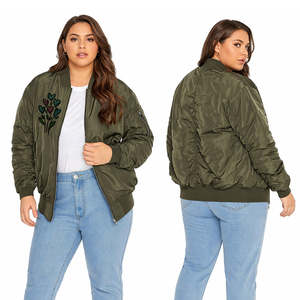 Women Plus Size Bomber Jacket Olive Green Casual Zip Up <b>Padded</b> Lightweight Jacket Floral Embroidery Autumn Winter Outerwear - Product Image 1