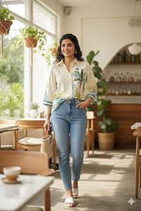 Camisa de algodón con botones para mujer, estampado de cocoteros tropicales, ropa de verano, top ligero de manga corta estilo bohemio - Product Image 3