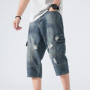 Pantalon Capri Rétro en Jean pour Homme – Short en Jean Tricoté Extensible Effet Vieilli Coupe Ample pour Homme - Product Image 6