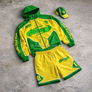 ชุดเซ็ตเสื้อฮู้ดซิปและกางเกงขาสั้นผ้าฟลีซคอตตอน 100% พิมพ์ลายเสือดาวแบบดิจิทัล แต่งผ้าแบบแอซิดวอชและแพทช์เวิร์ค ระบายอากาศได้ดี สไตล์สปอร์ต - Product Image 1