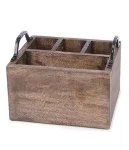 Rustic Finish Metal Handle Wooden Caddy For Kitchen Home Hotel Table <b>Top</b> Decorative Use Wooden Utensils Holder Caddy - Product Image 1