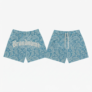 Shorts en maille pour homme en tissu polyester premium 160 GSM, bleu ciel, imprimé cachemire, respirants, avec logo personnalisé, sublimation, broderie, sérigraphie - Product Image 1