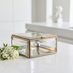 Boîtes de rangement pour bijoux en métal argenté avec cadre en verre biseauté, forme et taille personnalisées par les fabricants - Product Image 1