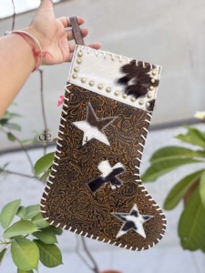 Unique Designer Cowhide Leather <b>Christmas</b> <b>Stocking</b> For Family <b>Christmas</b> Tree Fireplace Hanging Party Decoration Gift Bag - Product Image 1
