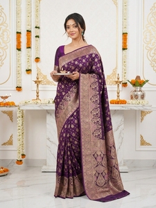 AARA Fashion <b>Purple</b> Silk <b>Saree</b> Gold Zari Work Traditional Indian Wedding Wear Sun Protection All Seasons for Women Floor Length - Product Image 5