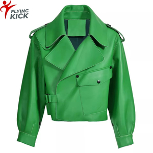 Women's Genuine Sheepskin Leather <b>Jacket</b> Olive Green Black Satin Soft Style Slim-fit Casual Look Collar <b>Lightweight</b> For Women - Product Image 1
