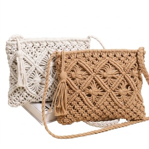 Wholesale Vintage <b>Light</b> Weight Handmade Cotton <b>Rope</b> Stylish Women Handbags Single Shoulder Tassels Crochet Macrame Bag - Product Image 2