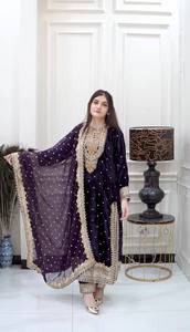 <b>Women</b> Traditional Faux Georgette Embroidered Purple Salwar <b>Suit</b> With Dupatta For <b>Wedding</b> India Pakistan Winter Wear - Product Image 1