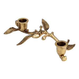 Exquisite Gold Botanical Taper Holder Features A Textured <b>Vine</b> Branch Design With Delicate <b>Leaves</b> And Two Detailed Candle Cups - Product Image 3