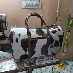 Unisex Genuine Leather Cowhide Print Weekender Duffle <b>Bag</b> Zipper Closure Large Capacity Travel <b>Bag</b> - Product Image 6