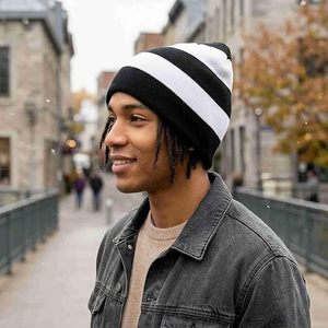 Striped <b>Beanie</b> <b>Hat</b> 100% Acrylic Winter Knit Cap for <b>Men</b> Casual Style Black White Color Block Design Unisex Adult Fit - Product Image 4