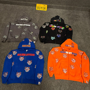 เสื้อฮู้ดดี้ผู้ชายแบบซิป ดีไซน์โลโก้ประดับคริสตัลสั่งทำพิเศษ ทรงโอเวอร์ไซส์ สำหรับฤดูหนาว คุณภาพพรีเมียม หรูหรา หนัก 500 กรัม ผลิตจากผ้าฝ้ายออร์แกนิคเนื้อฟลีซ - Product Image 1