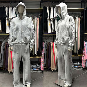 Conjunto de Sudadera Ligera de Algodón 100% con Logotipo Bordado, Estilo Vintage de Invierno, Lavado Desgastado, Streetwear con Pedrería - Product Image 4