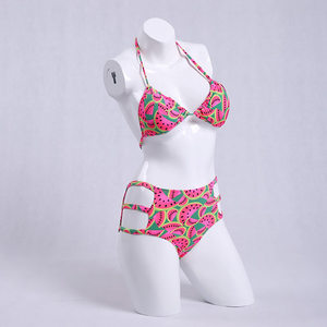 Women's Watermelon Print Bikini Set <b>Crossed</b> Halter <b>Top</b> Hollow Out Hipster Bottom Spandex Polyester Swimwear - Product Image 1