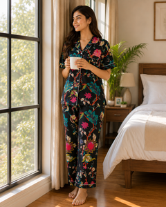 Ensemble de pyjama décontracté pour femme 100 % coton, imprimé floral, noir, manches courtes, doux et respirant, idéal pour l'été - Product Image 5