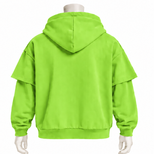 Sudadera con capucha de doble capa verde neón, de tejido grueso, con mangas superpuestas, estilo oversize, hombros caídos, informal, estilo streetwear. - Product Image 2