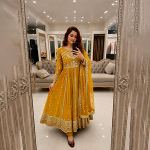 ชุดเดรส Anarkali ดีไซน์เนอร์ Georgette พร้อมงานปักลายและแขนเสื้อสไตล์ยุโรป ผ้าโมดอล สำหรับงานปาร์ตี้ แบบสำเร็จรูป - Product Image 1