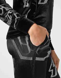 Ensemble de survêtement élégant en velours orné de strass, deux pièces, avec ceinture élastique et cristaux brillants - Product Image 5