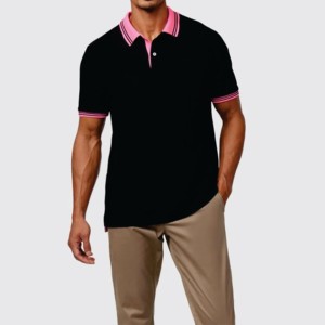 Polo de algodón negro para hombre con cuello y ribete de manga rosa, estilo casual de manga corta, tejido de punto piqué - Product Image 1