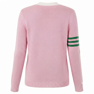 2026 <b>Custom</b> University Sorority Pink Cardigan Acrylic Knit Women's Sweater V Neck Fraternity Greek Chenille Logo Striped Varsity - Product Image 2