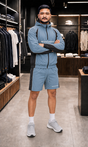 REXFIT SPORTS 2026Custom Mens Blue Gray Nylon Windbreaker Set Hooded Pullover <b>Jacket</b> Shorts Private Label Sportswear Manufactur - Product Image 6