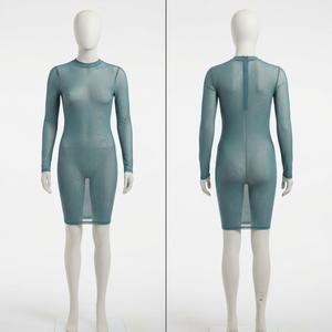 Body en résille sur mesure, ajustement doux et extensible, col montant, transparent, moulant, mini-robe - Product Image 2