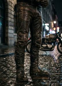 Pantalon moto noir effet usé, coupe skinny, cinq poches, longueur intégrale, coupe-vent, pour l'hiver, avec bords effilochés - Product Image 2