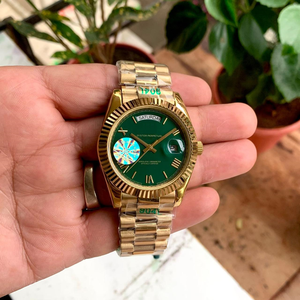 Montre automatique de luxe de haute qualité, lunette cannelée, cadran vert soleil, chiffres romains, acier inoxydable plaqué or, édition limitée - Product Image 1