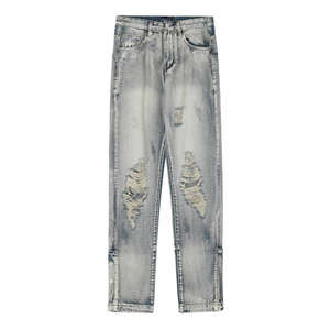 Jean en denim premium pour homme, taille mi-haute, coupe droite, en coton écologique, style streetwear, brodé, délavé clair, effet usé, pour l'été et le printemps - Product Image 1