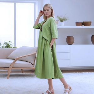 Robe midi en lin personnalisée, robe en lin à manches 3/4 avec poche latérale, tenue de vacances grande taille, fournisseur OEM ODM - Product Image 1
