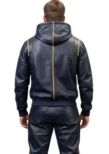 Luxury Men's Navy Blue Leather Tracksuit with Gold Contrast Trim – Hooded Zip-Up <b>Jacket</b> and Tailored Jogger Pants Set - Product Image 3