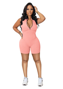 Women Pink Ribbed Sleeveless Halter <b>Jumpsuit</b> High Waist Zipper Front Bodycon Above Knee Skinny Fit Summer Club Wear - Product Image 5