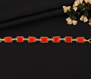 Approx. 8x10mm Rectangle Shape <b>Red</b> Coral Gemstone 925 Silver 14K Gold Plated Bezel Setting Chain <b>Bracelet</b> For Women Fashion Gift - Product Image 2