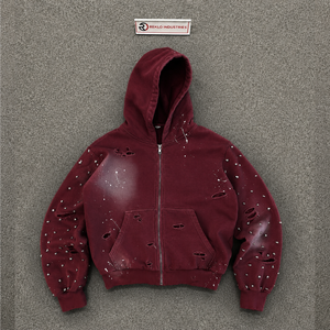 <b>Men's</b> Oversized Maroon distressed zip up hoodie Spray Print Streetwear Cotton French Terry Regular Sleeve Autumn Style Casual - Product Image 5