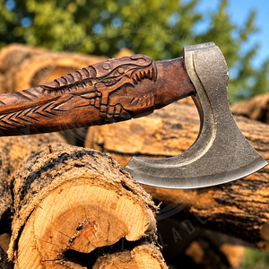 High Quality Hand Engraved Viking Axes Stainless Steel Blade Pick Head Axe Fish Carved Runes Rose Wood Handle Hunting Axe - Product Image 4