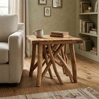 Mesa de Centro Moderna Rústica de Madera Maciza de Teca con Bordes Naturales y Patas de Rama, Mueble Portátil Hecho a Mano para Sala de Estar