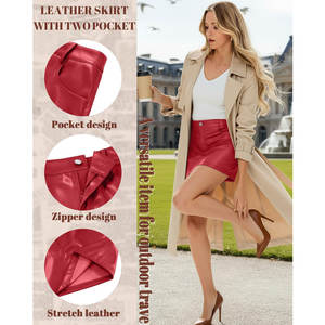 Minifalda de piel sintética para mujer con bolsillos, cintura alta, elástica, con cremallera y botones, corte en A, para fiesta - Product Image 5