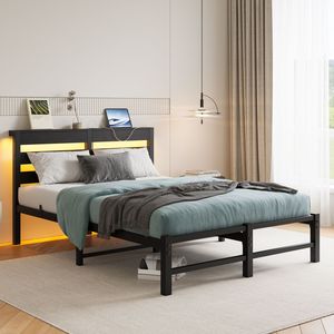 Struttura letto matrimoniale in metallo con testiera in legno, luci RGB, prese di corrente, caricatore, ripiano contenitore silenzioso, nessuna rete a molle necessaria - Product Image 4