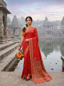 Sari en tissu Chainya teint à la main, pour mariage et fête, avec broderie florale Zari, scintillant, traditionnel et de créateur - Product Image 1