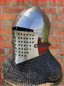 Casco de Malla Metálica Plateada Pulida Tradicional Medieval, Armadura Barbute de Acero de Calibre 16, Listo para la Batalla - Product Image 3