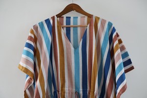Vintage Boho Striped Block Print Multicolor Kaftan Dress With <b>Tie</b> <b>Back</b> Loose Fit Short Sleeve Cotton Summer Long Dress - Product Image 4