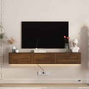 High Gloss Wall Mounted TV Stand <b>Floating</b> Wood Cabinet with LED Lights and Power Outlet for Living Room - Product Image 1