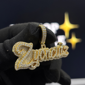 <b>Custom</b> Iced Out Script <b>Name</b> Pendant 925 Sterling Silver VVS Moissanite Raised Layer Hip Hop <b>Necklace</b> Yellow Gold Unisex Designer - Product Image 4