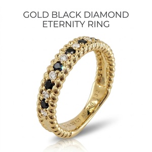 Bague en or jaune 18 carats avec bande de diamants noirs et blancs alternés, bordure torsadée, bijoux de mariée personnalisés de qualité supérieure, vente en gros, MOQ 1 pièce - Product Image 1