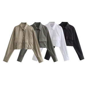 Camisa corta a rayas para mujer, manga larga, cuello vuelto, top informal tejido, corte regular, para todas las estaciones - Product Image 6